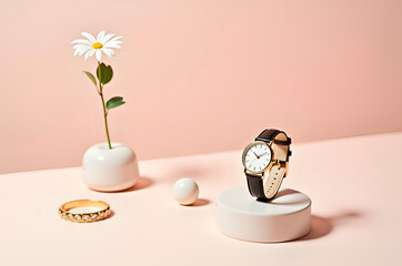 Minimalist still life featuring a watch, daisy flower, bangle an
