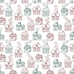 Christmas seamless pattern, with little line art houses
