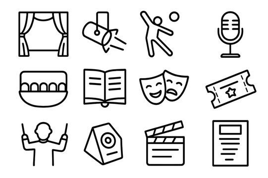 Musical Theater Icons. Musical Theater. Line icon set of Musical Theater: stage curtain, spotlight, dancing actor, microphone, orchestra pit, script book, mask
