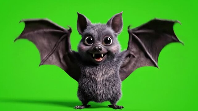 3D bat character with oversized eyes and tiny fangs, flapping its wings excitedly and smiling at the camera. Green screen background