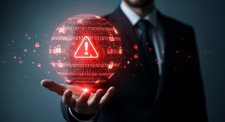 Managing digital risk and security threats. A man presenting a holographic warning symbol, representing system vulnerabilities and internet danger