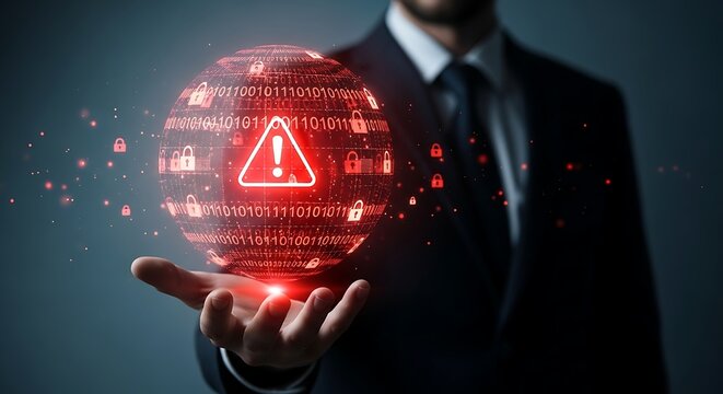 Managing digital risk and security threats. A man presenting a holographic warning symbol, representing system vulnerabilities and internet danger - Powered by Adobe