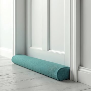 Turquoise soft door draft stopper on floor near white door. Home comfort with eco friendly textile draft excluder. Insulation from cold wind in apartment or house. Energy saving idea.
