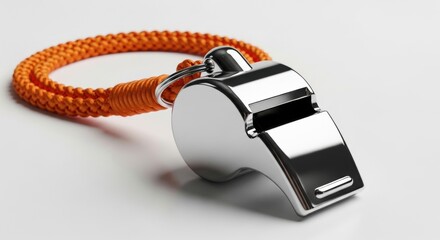 Gleaming Chrome Whistle with Vibrant Orange Lanyard on White Background