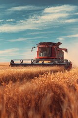 Modern Combine Harvesting Dry Rice Field Under Clear Sky