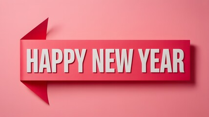 Festive red arrow sign with happy new year text on a soft pink background celebrating the upcoming holiday season
