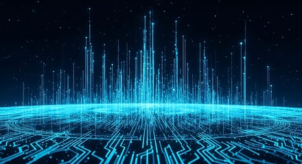 Abstract digital network with glowing lines and dots, representing data flow, connectivity, and futuristic technology on a dark blue background
