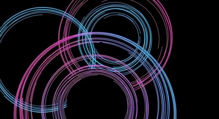 A mesmerizing display of neon circles intertwines against a stark black background, creating a vibrant and dynamic abstract composition with glowing lines