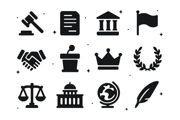 Legislation Icon Set. Legislation. Solid icons set of Legislation: gavel, document, government building, flag, handshake, podium, crown, laurel wreath, scales