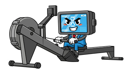 Rowing machine Cartoon: This animated character with a screen head, engaged in rowing exercise, represents the integration of technology and health, symbolizing the need for a good exercise