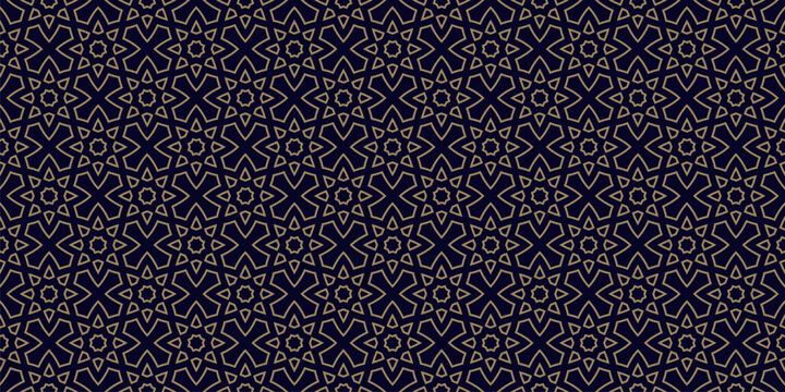 Luxury islamic geometric seamless pattern with golden arabesque star motifs and oriental lattice. Elegant black background texture with linear ethnic ornament design. Repeat decor for textile, print