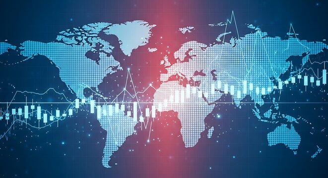Global stock market analysis and investment strategy with financial data and world map, showing trends and insights for international business growth