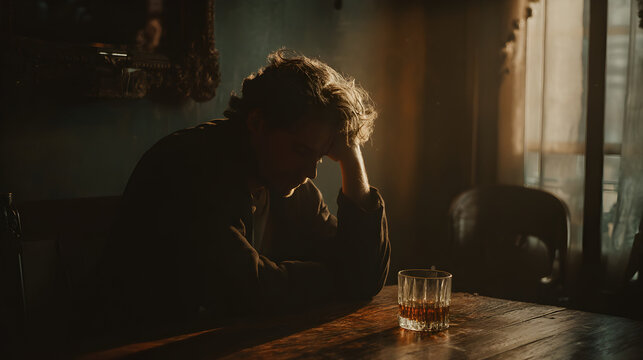 Pensive young man with tousled hair sitting at a wooden table with a glass of whiskey in soft light