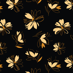 Obraz premium botanical floral seamless pattern with flowers and plants sketch drawing. Abstract handmade flowers. Contours and strokes. Designer wallpaper, cover, textiles