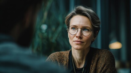 Scandinavian Therapist Interviewing Client in Modern Calm Setting