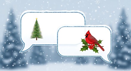 Festive christmas chat bubbles with a decorated tree and a cardinal on holly, set against a snowy winter background, perfect for holiday greetings and social media posts