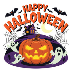 Happy halloween spooky pumpkins ghosts bats and a haunted house perfect for spooky celebrations