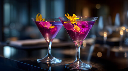 Colorful cocktails with vibrant flowers served in elegant glasses on a stylish bar counter