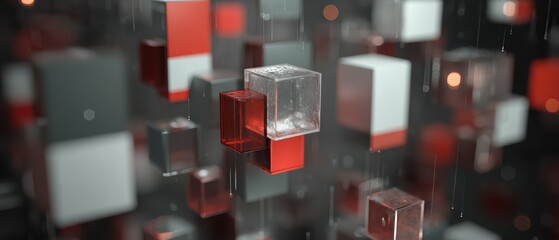 Abstract digital art featu a complex array of transparent and opaque red, gray, and clear cubes floating in a futuristic geometric landscape