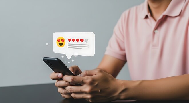 Consumer gives a positive satisfaction rating for a product or service via a smartphone app. A virtual pop-up shows a love emoji and a high score - Powered by Adobe