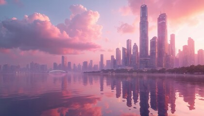 Fototapeta premium Cityscape at sunset with tall buildings reflected in calm water. Sky shows pink, purple clouds. Modern urban landscape view at twilight, peaceful serene evening. Futuristic city scene at dusk,