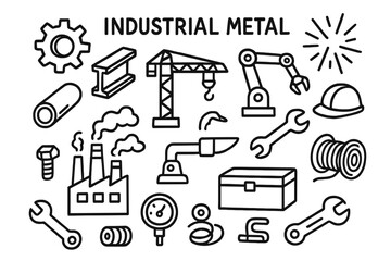 Obraz premium Industrial Doodle Elements. Industrial metal. Hand-drawn doodle illustration industrial metal factory, gear, steel pipe, beam, crane, machine arm, bolt,