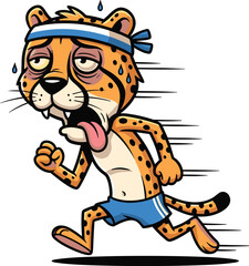 Exhausted cartoon cheetah running fast, tired animal athlete with sweat, funny jungle marathon runner illustration, humorous sports character drawing