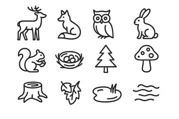 Fototapeta premium Forest Creature Icons. Forest creatures. Line icon set of forest creatures: deer, fox, owl, rabbit, squirrel, bird nest, pine tree, mushroom, tree stump,