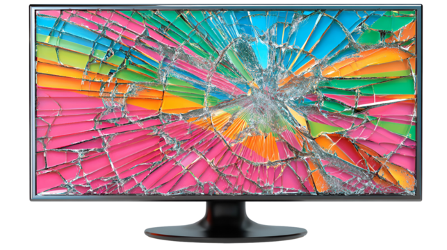Broken computer monitor screen with colorful abstract shattered glass pattern