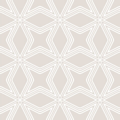 Vector geometric seamless pattern with star shapes, diamonds, linear ornament. Abstract subtle texture with thin lines. Stylish beige background. Repeated design for decor, textile, print, wrapping