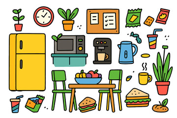 Office Kitchen Doodle. office kitchen. Colorful Hand-drawn doodle Children illustration office kitchen fridge, microwave, coffee machine, kettle, table,