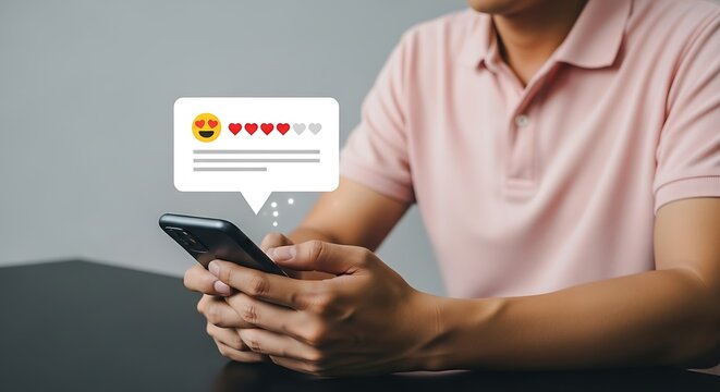 Man expresses love for a brand online using his phone. A notification shows a happy emoji and a high heart rating for an excellent user experience - Powered by Adobe