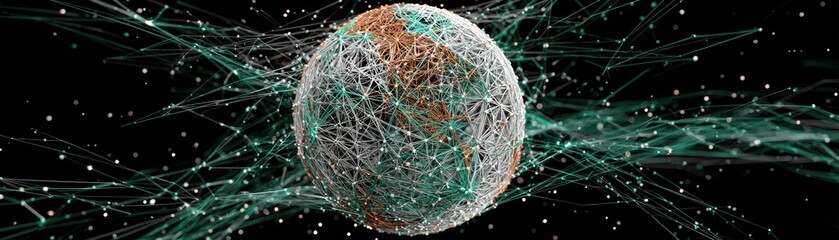 Highly detailed digital illustration of a futuristic connected globe with data streams and glowing network lines in a dark space background