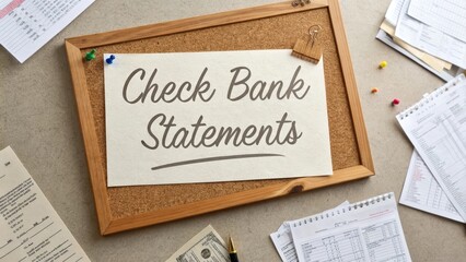 Naklejka premium Office Desk Arrangement with Check Bank Statements and Paperwork