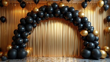 Black, gold balloons form elegant arch. Stylish decor piece acts as impressive entrance beautiful grand backdrop against shimmering golden curtain. Scattered confetti creates vibrant festive