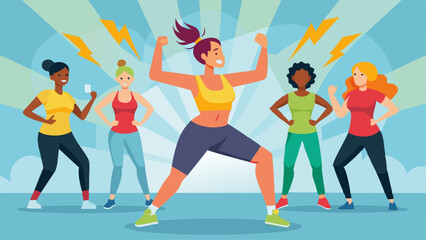 A burst of energy in a group fitness class with participants wearing bright workout clothes and sweating.
