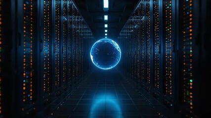 A glowing data center with a globe light projection highlighting modern tech - Powered by Adobe