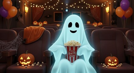 A friendly ghost sits in a movie theater with popcorn, surrounded by halloween decorations and pumpkins, creating a spooky yet festive atmosphere for a halloween movie night