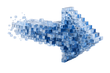 Blue pixelated arrow cursor made of glossy cubes for digital design concepts
