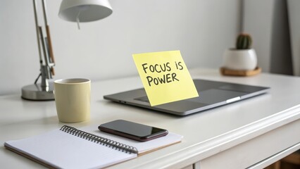 Fototapeta premium Office Workspace with Sticky Note Emphasizing Focus and Productivity