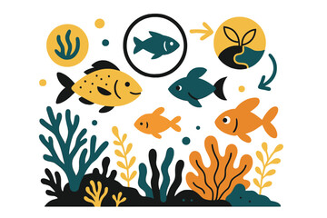 Vibrant Coral Reef. Reefs and their importance in marine biodiversity. Vibrant coral reef with abstract floating icons representing fish, algae, and ecological