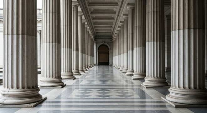 Grand Hallway with Marble Columns and Geometric Floor Pattern - Powered by Adobe