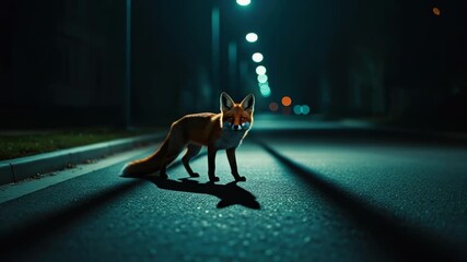 Curious fox night journey on a dimly lit urban street