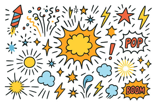 Colorful Explosion Doodles. Explosion effect. Hand-drawn doodle illustration explosion (colored), fireworks (colored), starburst (colored), confetti (colored),