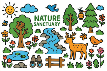Fototapeta premium Whimsical Nature Sanctuary. nature sanctuary. Colorful Hand-drawn doodle Children illustration nature sanctuary forest, river, trees, birds, flowers, deer,