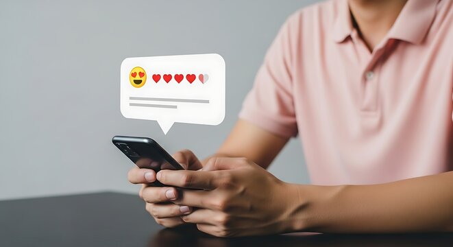 Man using a smartphone to give a positive review. Concept of customer satisfaction, feedback, and service evaluation with a heart-eyes emoji and rating