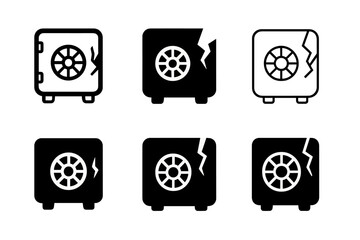Cybersecurity Logo Variations. Cyber loss risk. Set Logo of Cyber loss risk: data vault with breach. harmonious logo variations of the same emblematic concept,