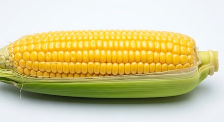 Golden yellow sweet corn on the cob, with bright green husks pulled back, isolated on white.