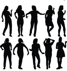 Set of ten black silhouette icons of people in various standing poses showing gesture, movement, and body language diversity