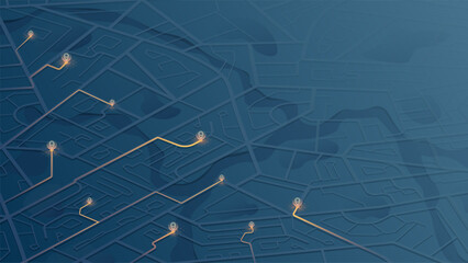 City route navigation on dark blue map with glowing path and location markers. GPS tracking and urban navigation technology concept. Vector illustration.